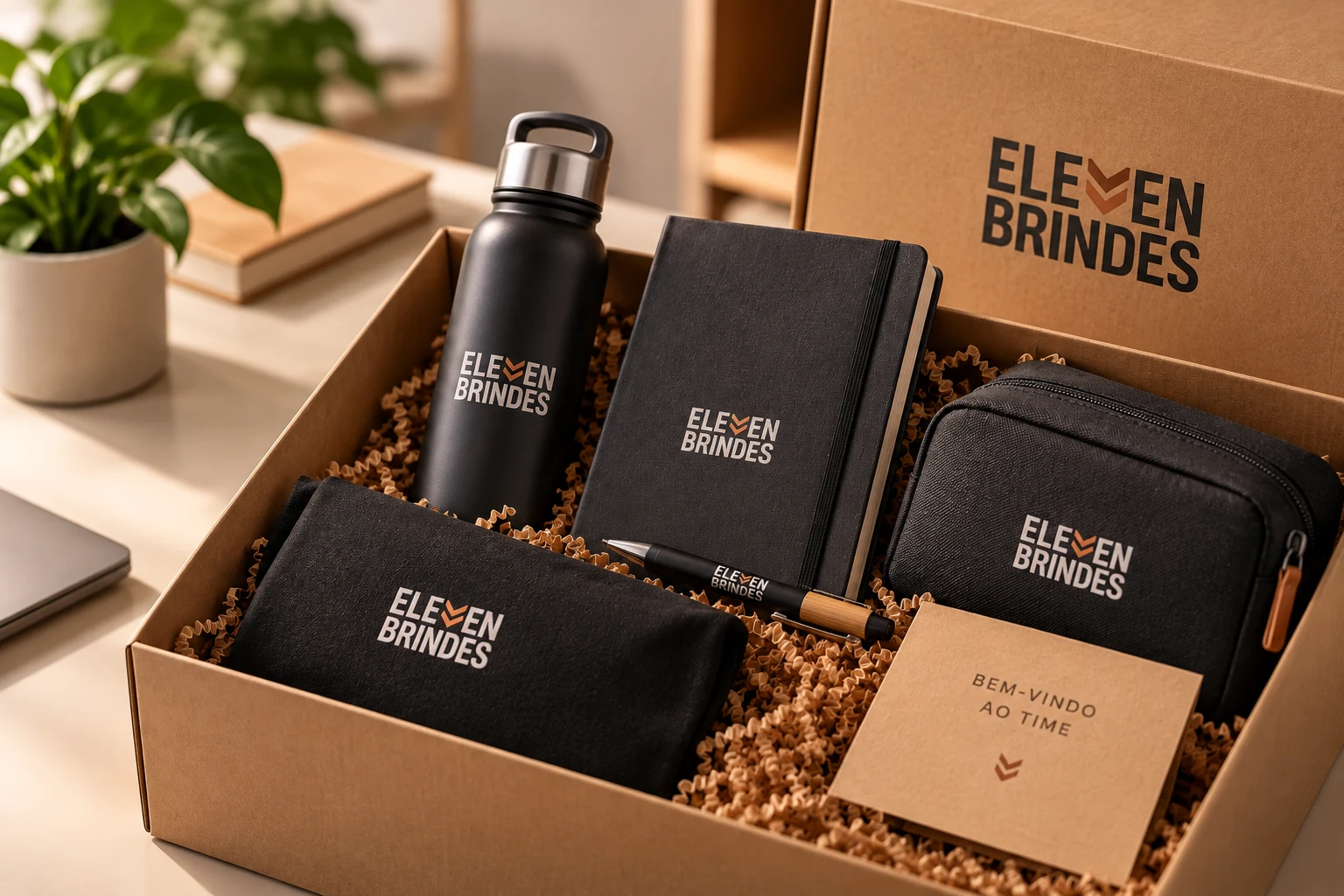 Kit de boas-vindas para colaboradores Eleven Brindes em caixa kraft com personalização