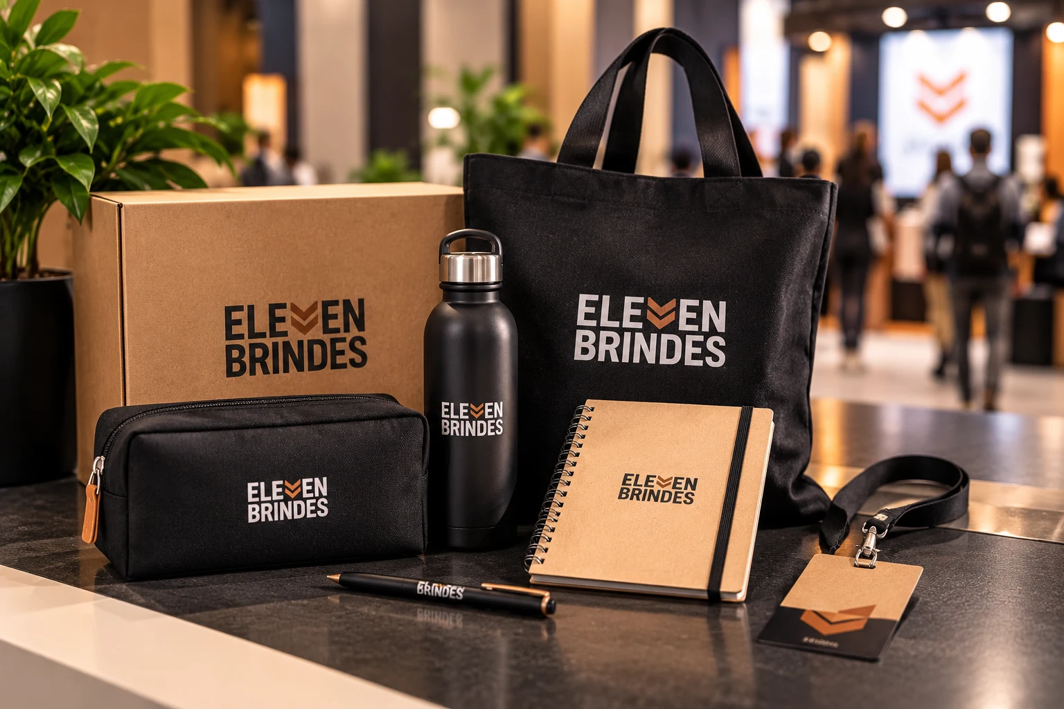Kit para eventos corporativos Eleven Brindes com ecobag, garrafa, caderno e crachá